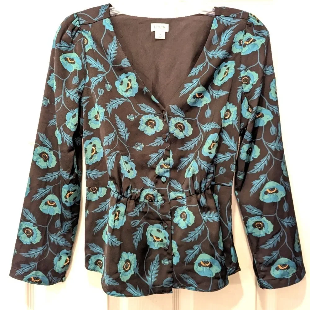 J. Crew Satin back crepe peplum button-front black green floral blouse shirt 2